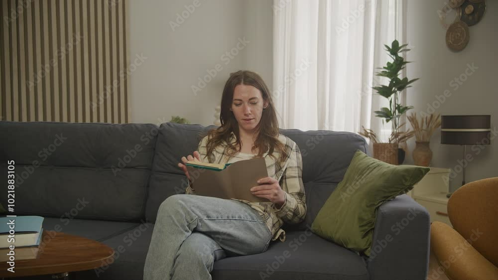 Calm Young Woman Sitting on Couch and Reading Book Calm Young Woman Sitting on Couch and Reading Book