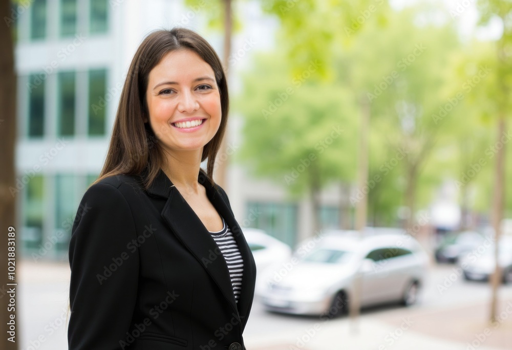 Young businesswoman smiling outdoors in urban setting Young businesswoman smiling outdoors in urban setting