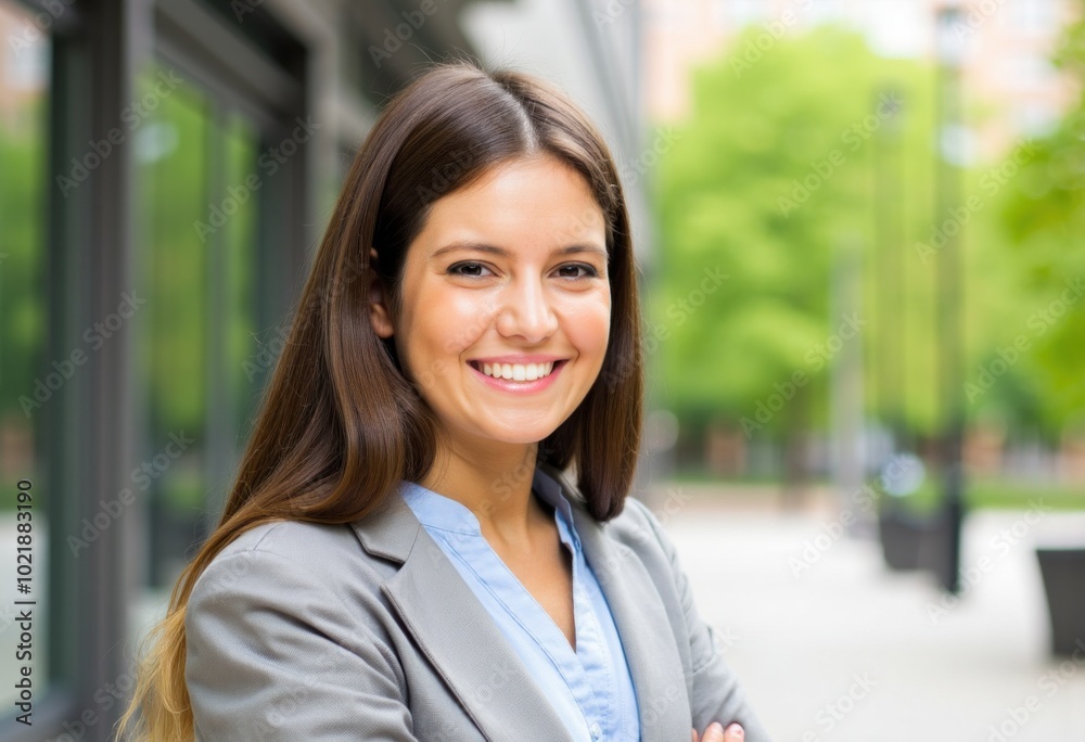 Businesswoman smiling outdoors with arms crossed Businesswoman smiling outdoors with arms crossed