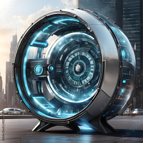 This design features a time machine capsule set against a backdrop of a sprawling futuristic city. The capsule, with its reflective surfaces and intricate details, stands out as a marvel of engineerin photo