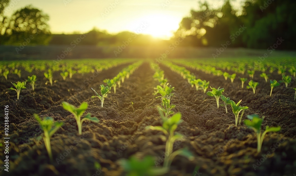 farm with rows of newly planted seedlings at sunset farm with rows of newly planted seedlings at sunset