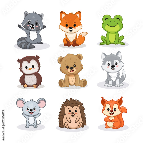 Set of cartoon cute forest animals including fox, owl, wolf, bear, mouse, hedgehog, raccoon, frog and squirrel. Forest animals for magazines, postcards. Vector illustration