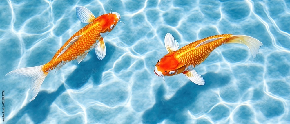 Tranquil Watercolor Koi Fish in Clear Pond with Sunlight Reflection, Peaceful Nature Artwork Tranquil Watercolor Koi Fish in Clear Pond with Sunlight Reflection, Peaceful Nature Artwork