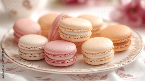 A plate of assorted pastel-colored macarons with a delicate cream filling, arranged in a pleasing pattern.