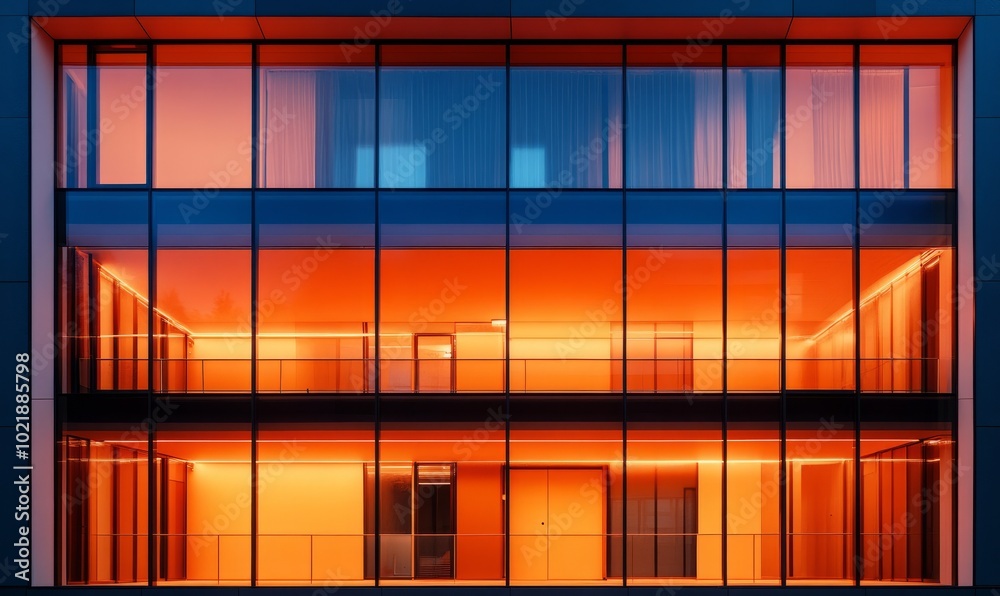 Facade of orange building with glass windows at night Facade of orange building with glass windows at night