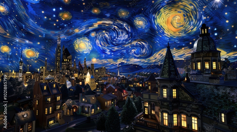 Fototapeta premium A vibrant starry night sky over a cityscape, featuring swirling clouds, bright stars, and distinctive architectural silhouettes