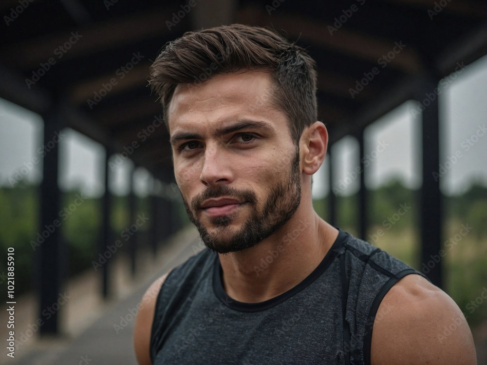 Jogger with a prominent jaw running along an outdoor path in a tranquil area during early morning hours. Jogger with a prominent jaw running along an outdoor path in a tranquil area during early morning hours.