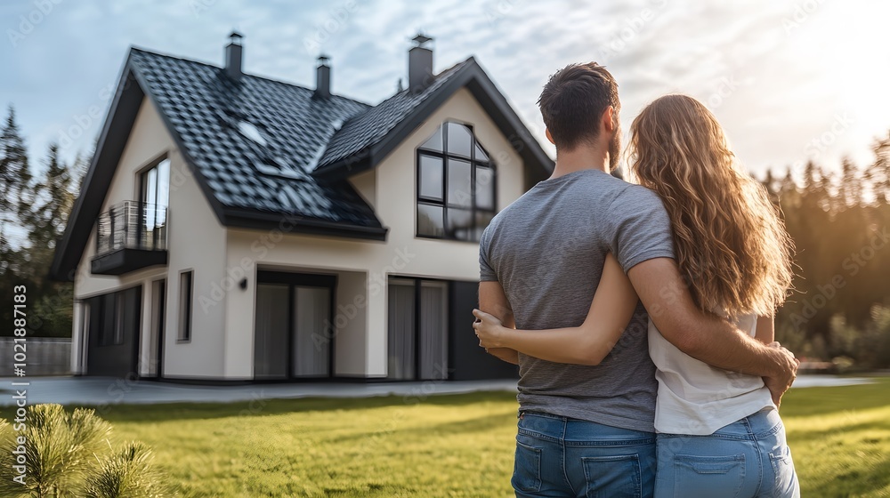Portrait of a young couple standing in front of their modern house. Portrait of a young couple standing in front of their modern house.