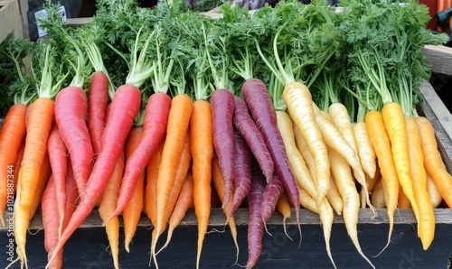 Fresh multicoloured carrots and other ingredients