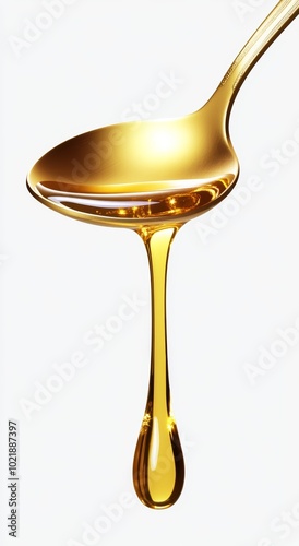 Wallpaper Mural A metal spoon holds glistening golden honey as it drips gently, creating a delicate droplet against a bright backdrop Torontodigital.ca