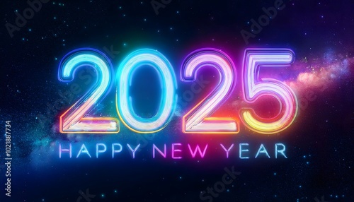 2025 neon shiny Sparkles text effect, isolated on a dark background, colorful banner. New Year Background banner