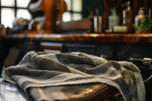 Clean towel is draped over a barber chair, waiting for the next customer in a vintage barbershop