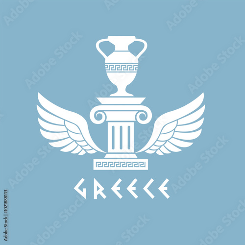 ancient greek symbol with column, amphora and wings isolated on blue background
