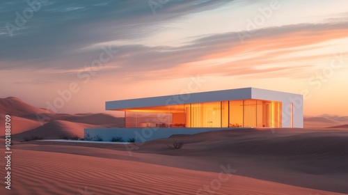 Modern architecture house in desert landscape with sunset.