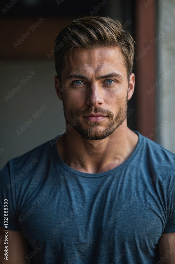 Fototapeta premium A focused young man with striking blue eyes stands indoors showcasing confidence and strength.