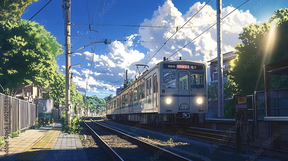 Naklejka premium Japanese train tracks, train passing under blue sky and fluffy clouds with sunlight shining through trees