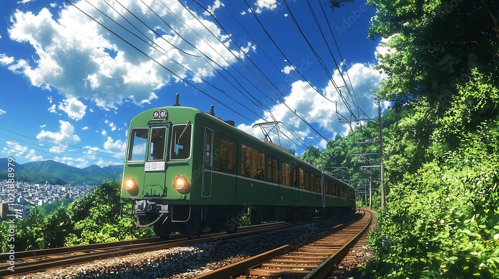 Naklejka premium Green Train Traveling Through Lush Mountains in Summer Day