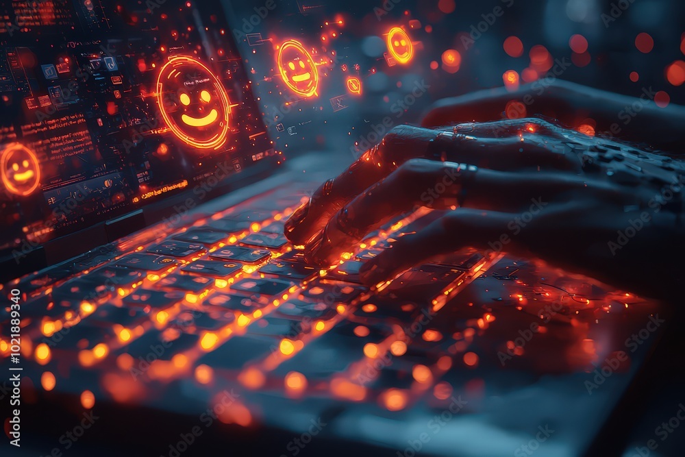 Close-up of hands typing on a laptop keyboard, with chat bubbles floating above the desk and out to the side, featuring a cute robot face icon. Close-up of hands typing on a laptop keyboard, with chat bubbles floating above the desk and out to the side, featuring a cute robot face icon.
