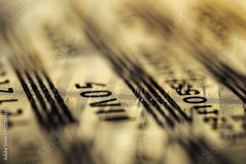 Extreme closeup of fifty euro banknotes laying flat, showing intricate detail and security features