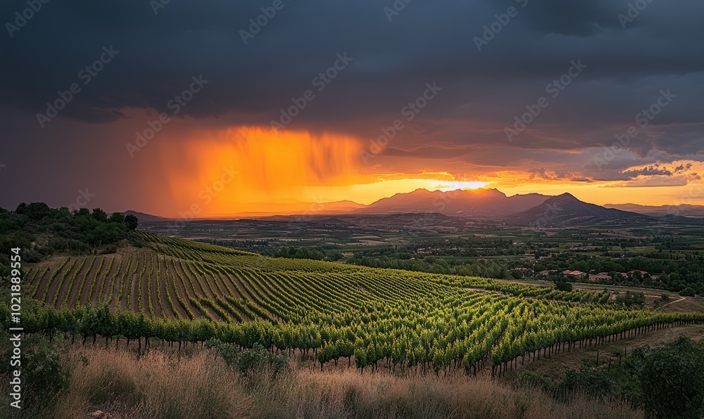 Landscape of vineyards in a sunset with rain storm in the area of denomination of origin Landscape of vineyards in a sunset with rain storm in the area of denomination of origin