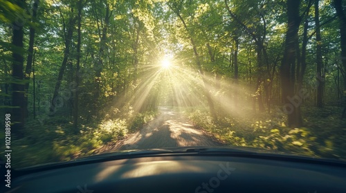 Car driving through a dense forest, sun rays breaking through the trees view from inside the car. generative ai