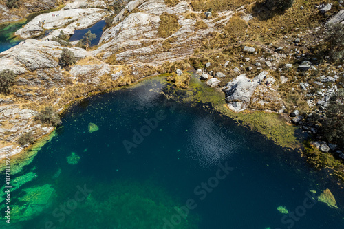 Obraz na płótnie Churup Lagoon Aerial View with Turquoise Waters in the Cordillera Blanca Mountain Rand in the Huascaran National Park Seen from Above, in Ancash, Peru w salonie