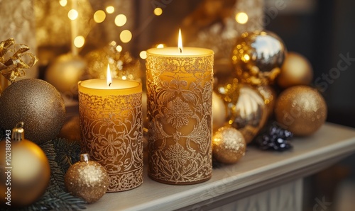 Golden Christmas candles with intricate designs, burning softly on a mantelpiece surrounded by gold-themed decorations.