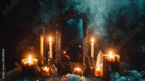  mystical altar , burning candles, and a black mirror for scrying,  dark, smoky background