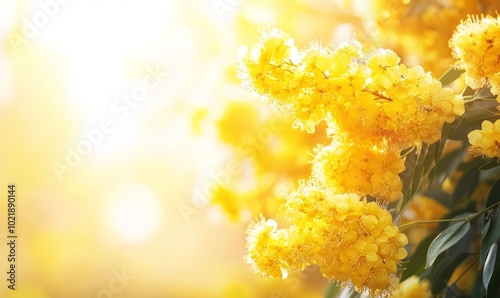 Golden wattle flowers with copy space in sunset light