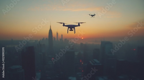 Two drones fly over the skyline of New York City at sunset.