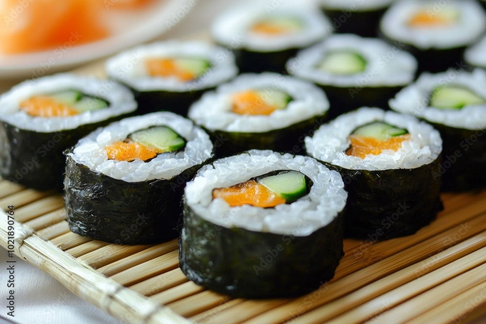 A beautiful plate of sushi arranged on a bamboo mat A beautiful plate of sushi arranged on a bamboo mat