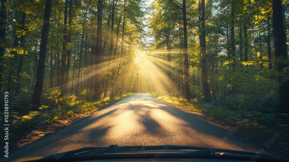 Fototapeta premium Car driving through a dense forest, sun rays breaking through the trees view from inside the car. generative ai