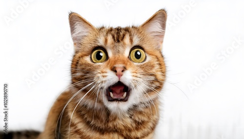 Angry and surprised cat isolated on a white background with a funny and excited expression