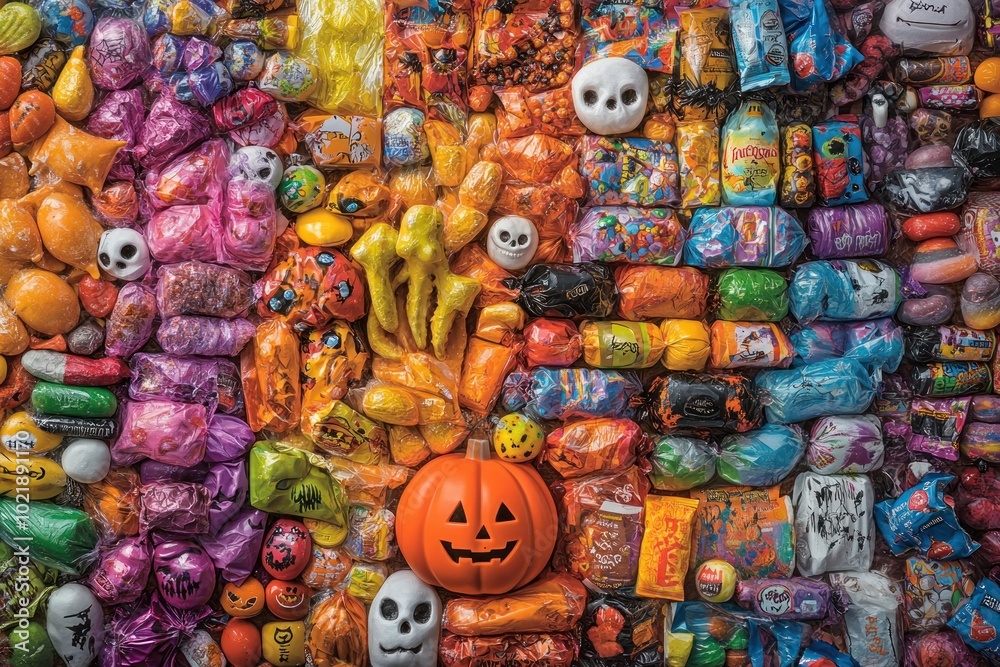 Fototapeta premium A vibrant collection of Halloween candy, toys, and treats arranged in a colorful pattern, with a jack-o-lantern in the center.