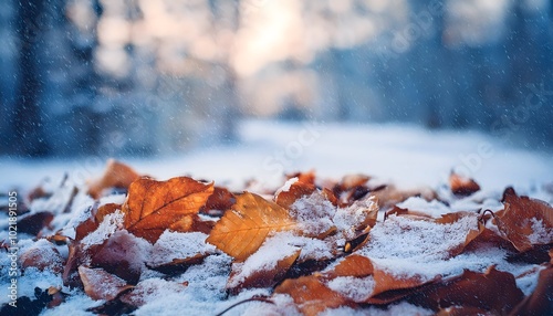 Autumn leaves lying on the floor, covered with snow; cold colors, Christmas abstract background with copy space