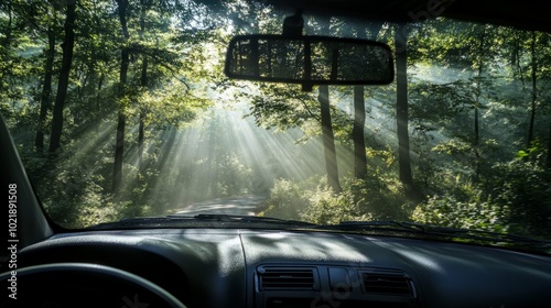 Car driving through a dense forest, sun rays breaking through the trees view from inside the car. generative ai