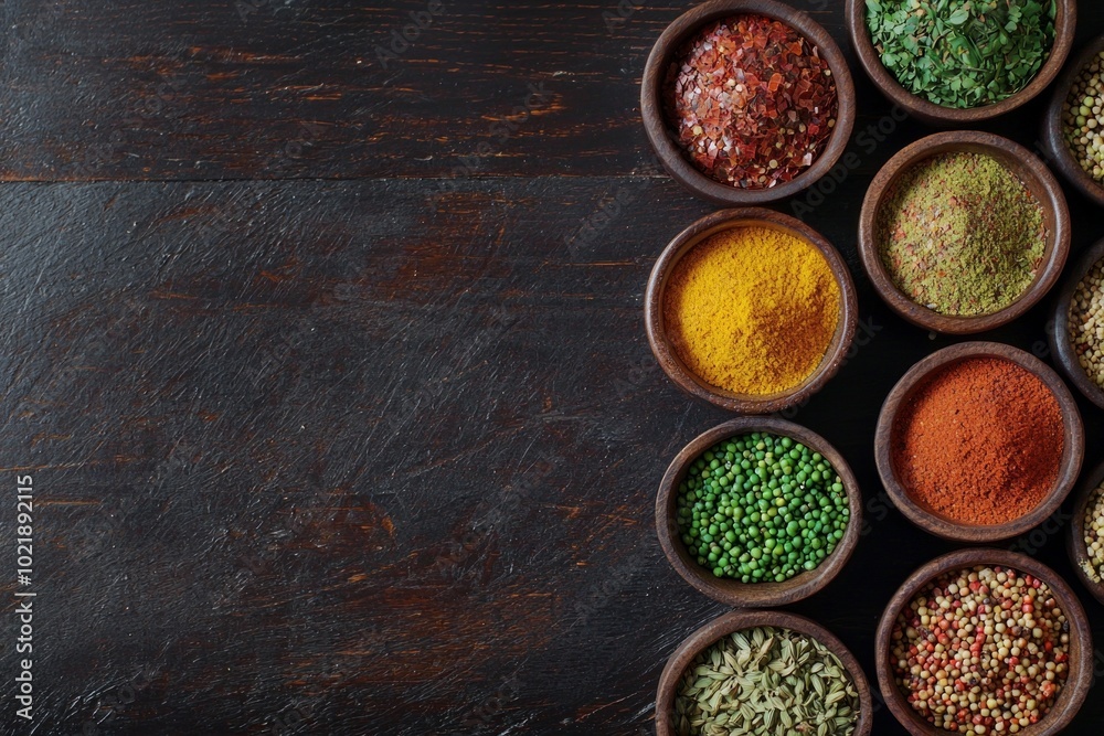 A close-up of colorful spices neatly arranged in small bowls on a dark wooden surface. A close-up of colorful spices neatly arranged in small bowls on a dark wooden surface.
