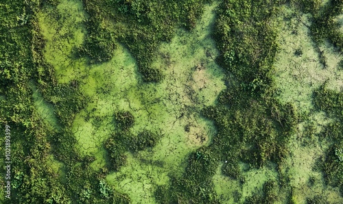 Overgrown mineralized river landscape, drone image