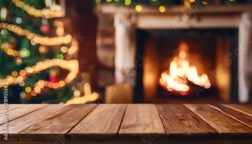 Christmas empty table with christmas tree and fireplace with copy space; template, Chrismas Mockup