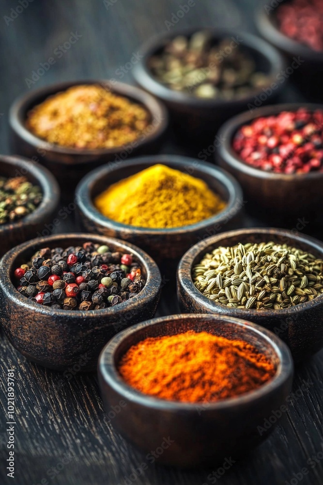 A close-up of colorful spices neatly arranged in small bowls on a dark wooden surface. A close-up of colorful spices neatly arranged in small bowls on a dark wooden surface.