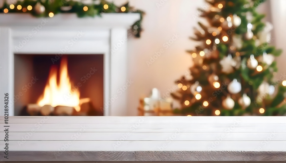 Christmas empty table with christmas tree and fireplace with copy space; template, Chrismas Mockup Christmas empty table with christmas tree and fireplace with copy space; template, Chrismas Mockup