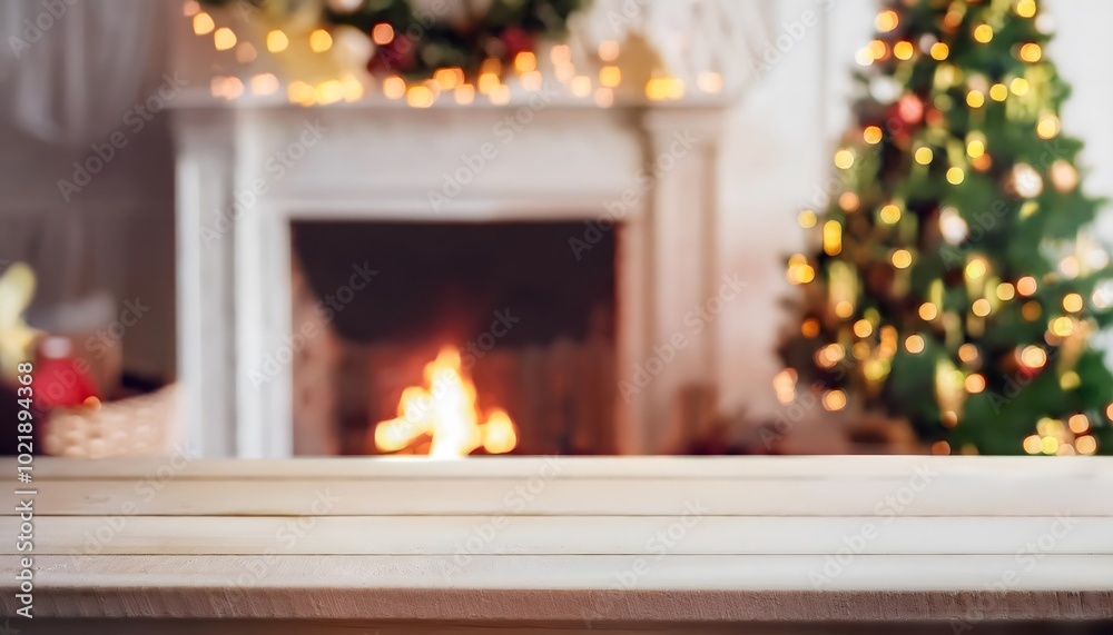 Christmas empty table with christmas tree and fireplace with copy space; template, Chrismas Mockup Christmas empty table with christmas tree and fireplace with copy space; template, Chrismas Mockup