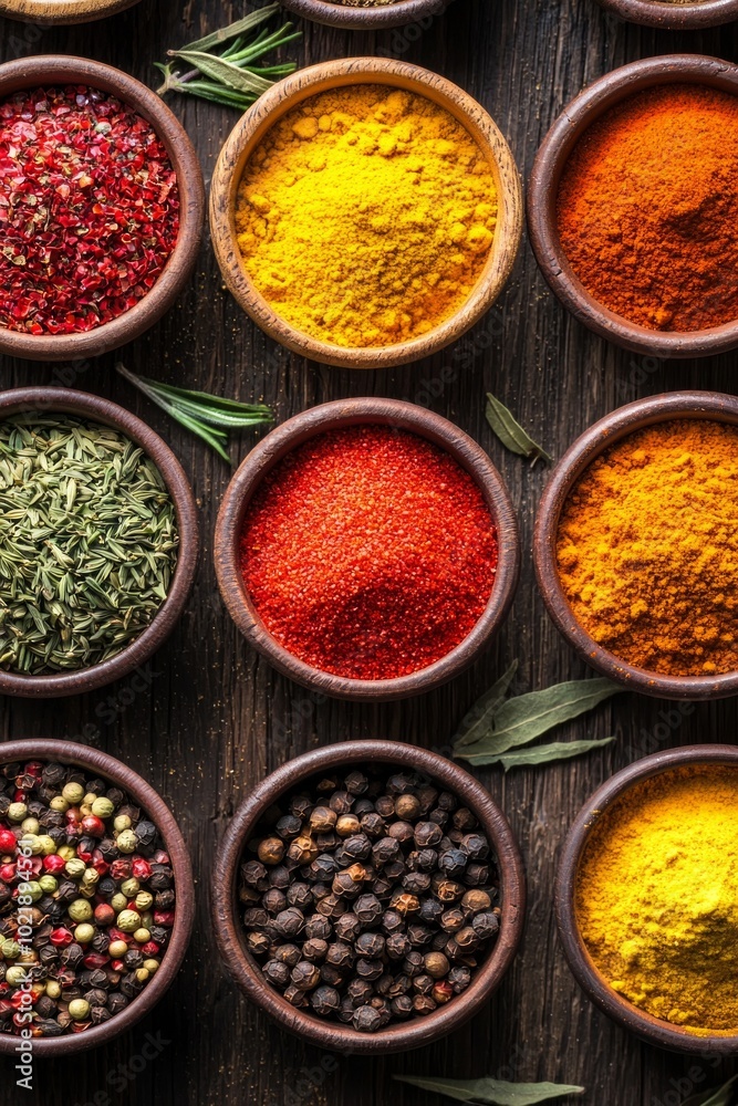 A close-up of colorful spices neatly arranged in small bowls on a dark wooden surface. A close-up of colorful spices neatly arranged in small bowls on a dark wooden surface.