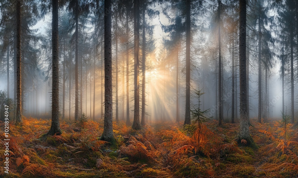 Naklejka premium Panorama, spruce forest in autumn with fog, sun shining through the tree trunks
