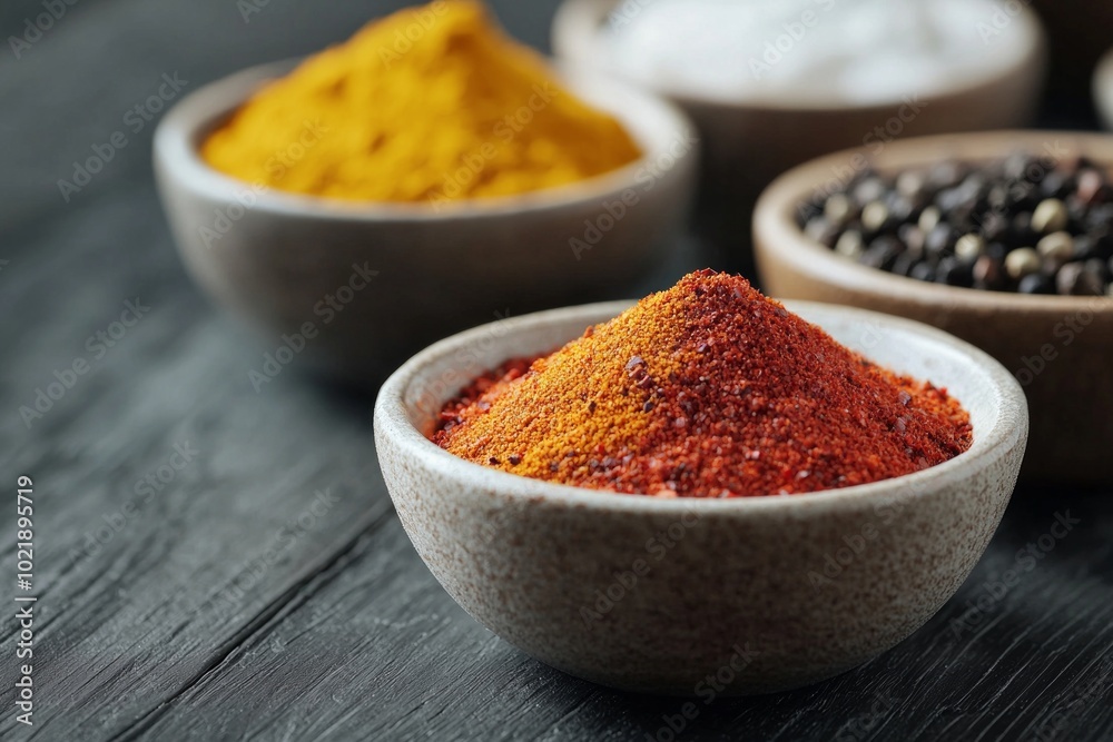 A close-up of colorful spices neatly arranged in small bowls on a dark wooden surface. A close-up of colorful spices neatly arranged in small bowls on a dark wooden surface.