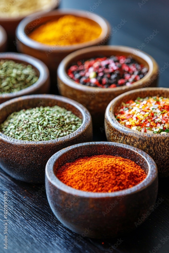 A close-up of colorful spices neatly arranged in small bowls on a dark wooden surface. A close-up of colorful spices neatly arranged in small bowls on a dark wooden surface.