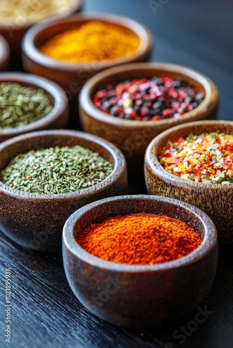 A close-up of colorful spices neatly arranged in small bowls on a dark wooden surface.