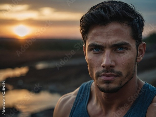 A contemplative man with blue eyes reflects during sunset near a tranquil river, capturing a moment of peaceful introspection.