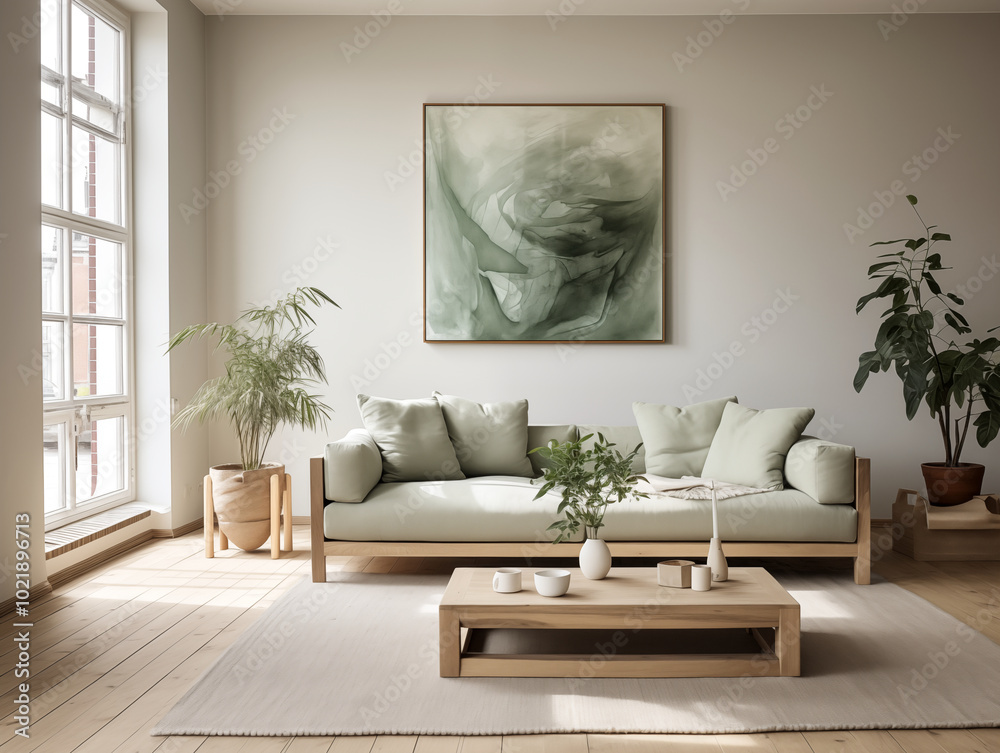 Fototapeta premium Simple minimalist japandi and wabi sabi style living room with reclaimed wood furniture in neutral colors. Reused materials furniture. Rustic interior.