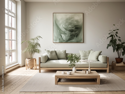 Simple minimalist japandi and wabi sabi style living room with reclaimed wood furniture in neutral colors. Reused materials furniture. Rustic interior.